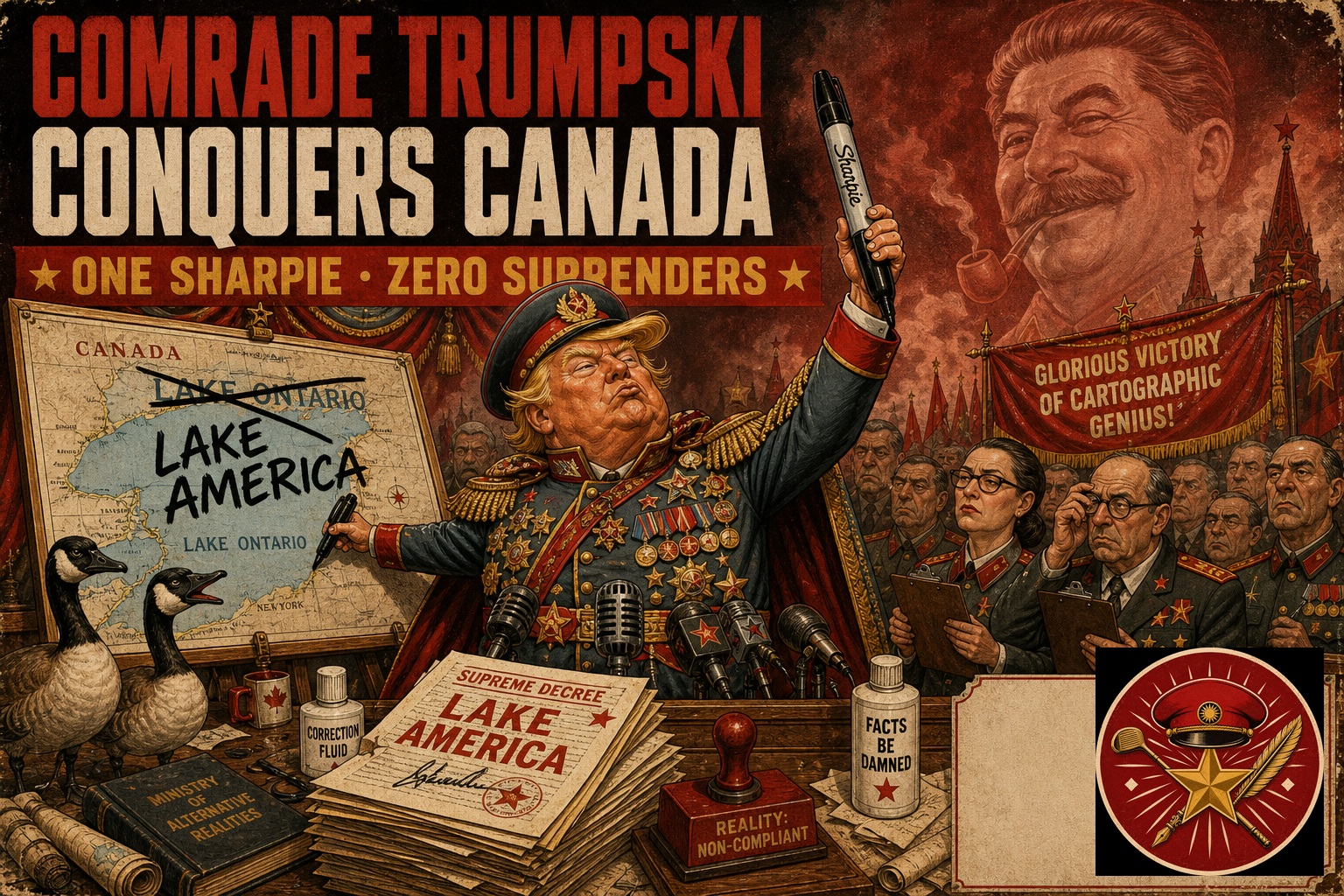 The earlier Lake America propaganda illustration of Comrade Trumpski wielding a marker over a map.