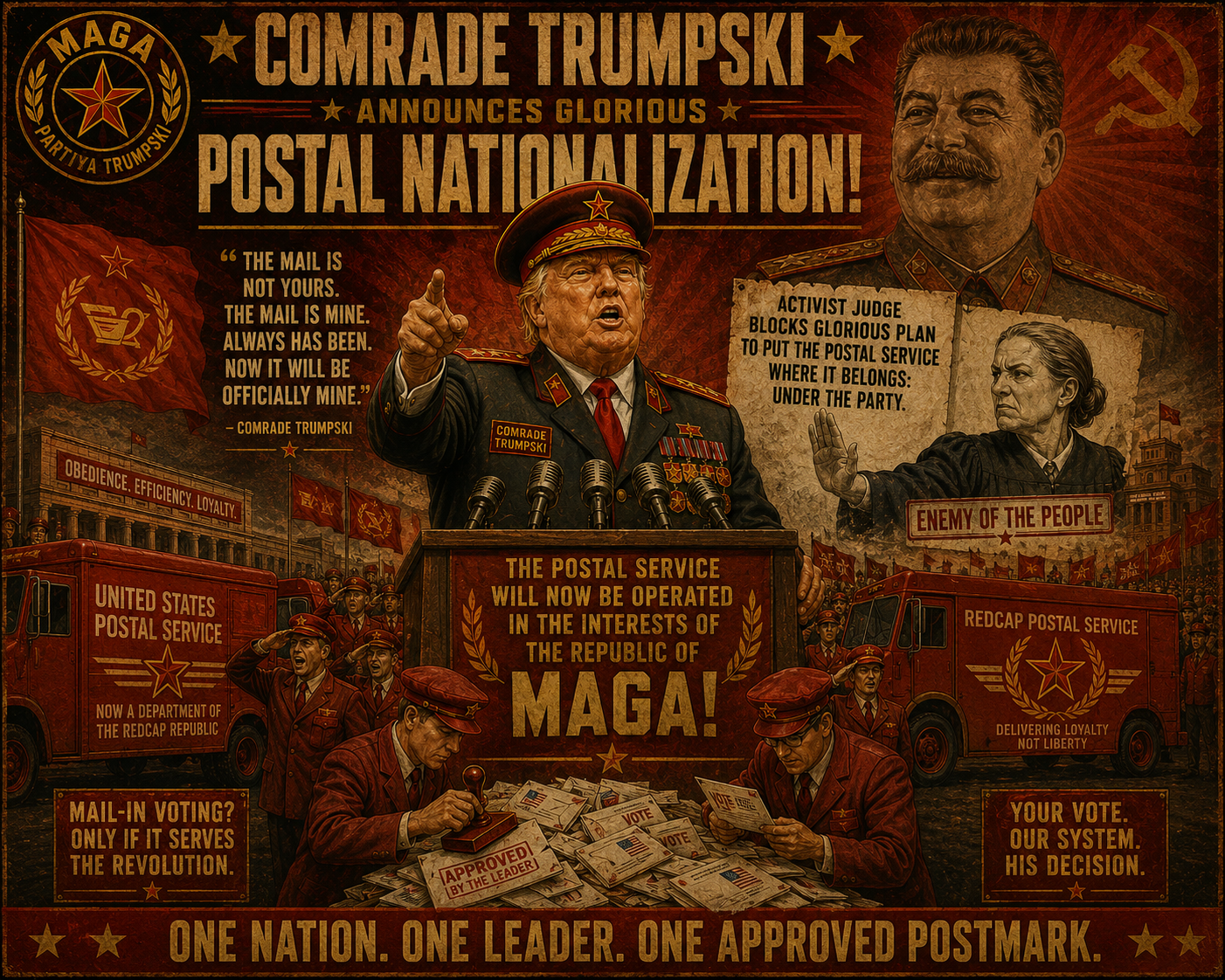 Comrade Trumpski postal nationalization propaganda poster