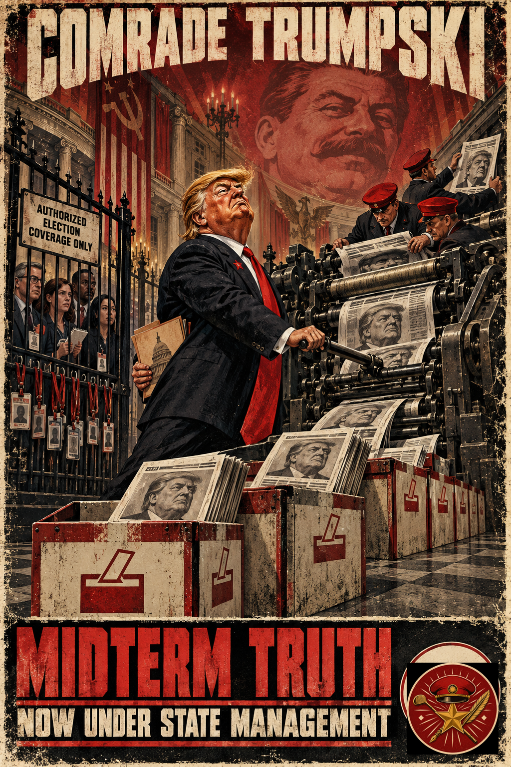 Satirical propaganda poster showing Comrade Trumpski placing election coverage under state management while Stalin’s ghost smiles above him.