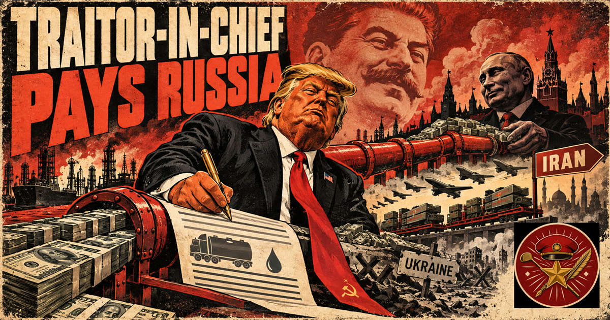 Political satire poster showing Comrade Trumpski sending American money through a diesel pipeline to Putin while Russian weapons travel toward Iran and Ukraine is pushed aside, under Stalin’s smiling ghost.